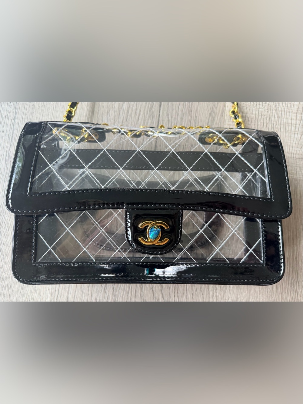 FULL SET Brand NEW Chanel Transparent Bag w Black Patent Leather & Gold Hardware - Picture 4 of 11